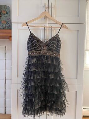 Sue Wong Ostrich Feather Beaded Formal Cocktail Dress